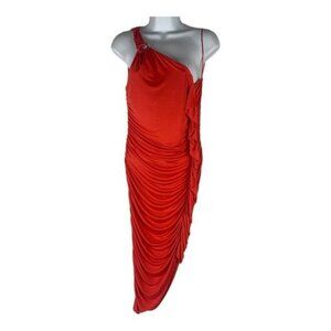 Zara Red One-Shoulder Maxi Dress With Ruched Detail & Ring Accent Size L